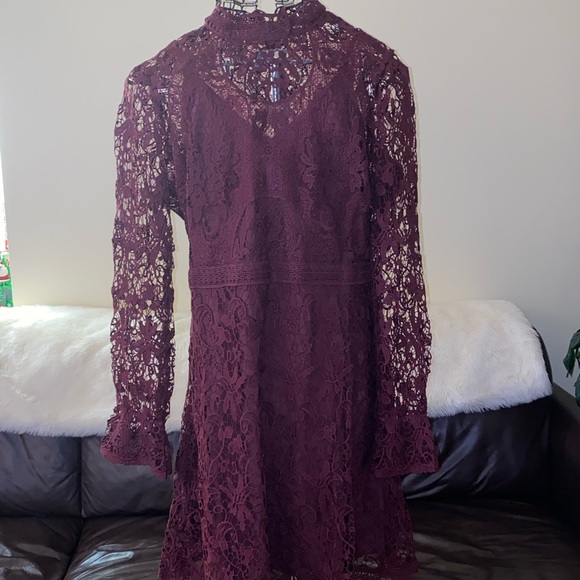 Lace Fit & Flare Dress retail $150 Miia Size 14 Burgundy Grape wine - Picture 2 of 15